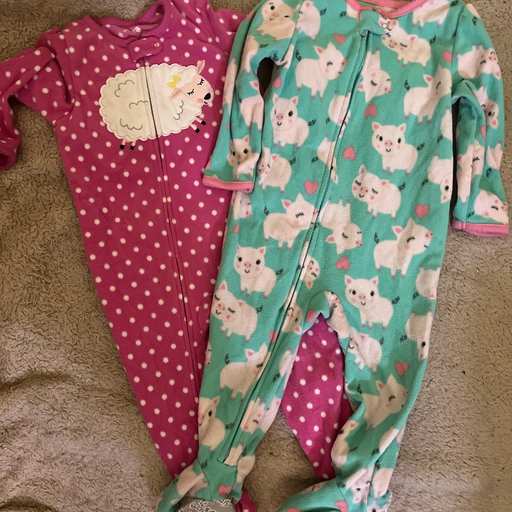 Simple Joys Toddler One Pieces - Pink Polka Dot w Sheep and Teal Pig 24 Months